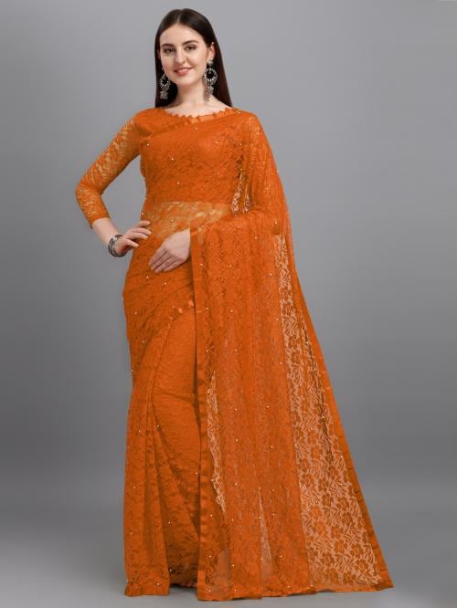 LOROFY Women Orange Net Saree