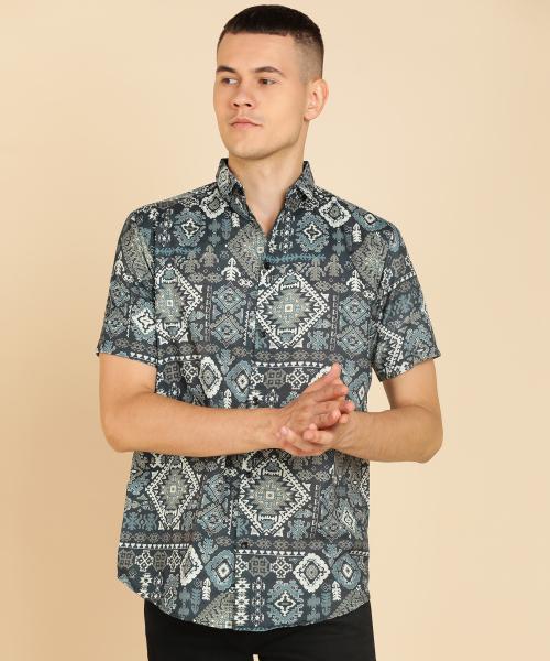 LUGHDA Men's Rayon Casual Shirt for Men Short Sleeve Printed Shirt - Dark Blue- XL