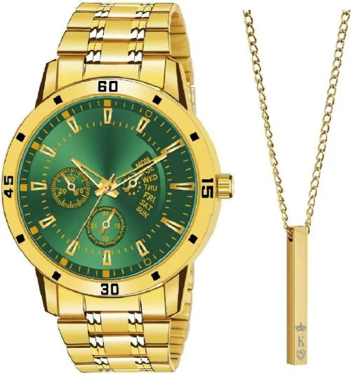 Buy TRUE COLORS Analog Green Dial Gold Strap Watch with King Pendal for