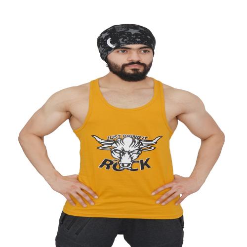 Anax Aesthetics Men's Sleeveless Cotton Gym Vest X Dwayne Johnson Grafiko Series Just Bring It The Rock Stringer Vest, Sando, Tank (Medium (38 cm), Color : Magnetic Mustard)