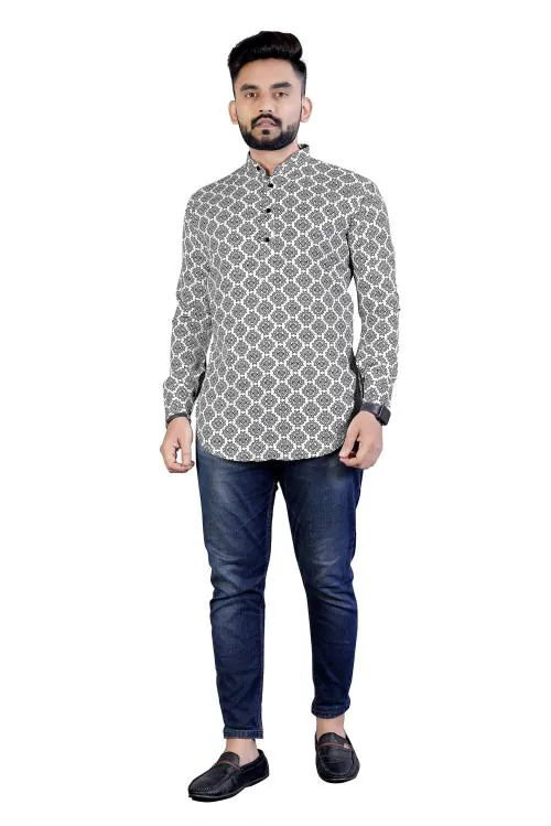 Bk Brand Men Black, White Printed Poly Cotton Full Sleeve Reguler Fit Stand Collar Kurta Shirt (S)