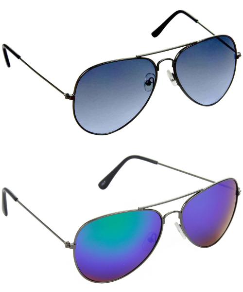 Red Leaf Men & Boys Aviator Sunglasses Grey Frame, Blue Lens (Medium) Pack of - 2