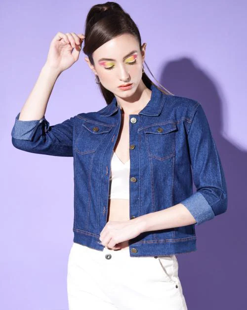 BuyNewTrend Dark Blue Solid Women Denim Jacket
