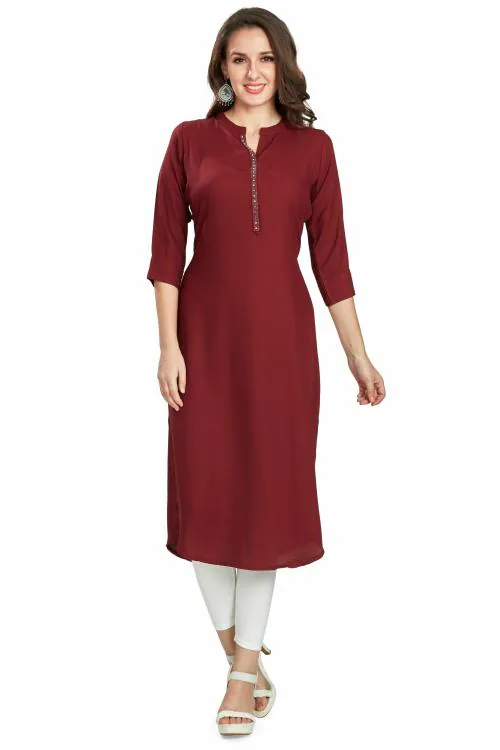 nioni Women's Straight Kurta, High Neck Fashionable Kurti for Girls and Woman, 3/4 Sleeves (Wine Red, XL)
