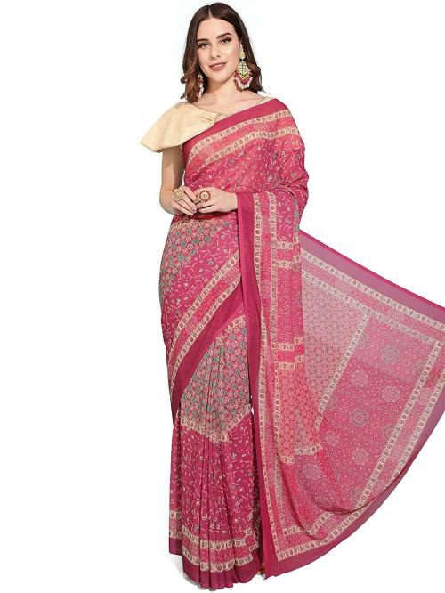 Dungrani Pink Printed Georgette Women Saree With Blouse Pic