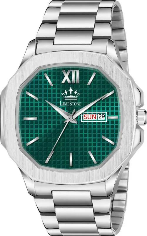 Limestone Day and Date Function Green Dial Silver Strap Analog Watch for Men