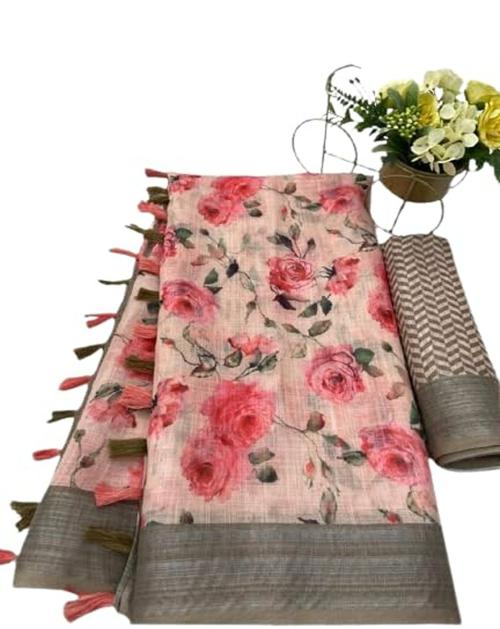 Planborn Women's Linen Floral Printed Saree With Blouse Piece
