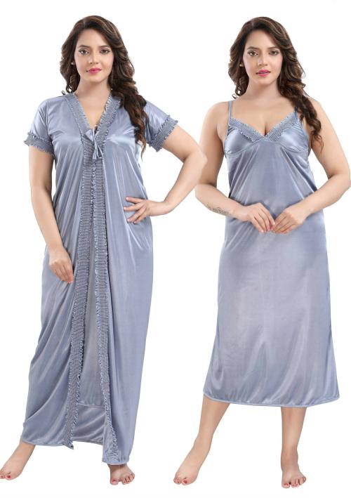 Ultraviolet Women Grey Solid Satin Nighty