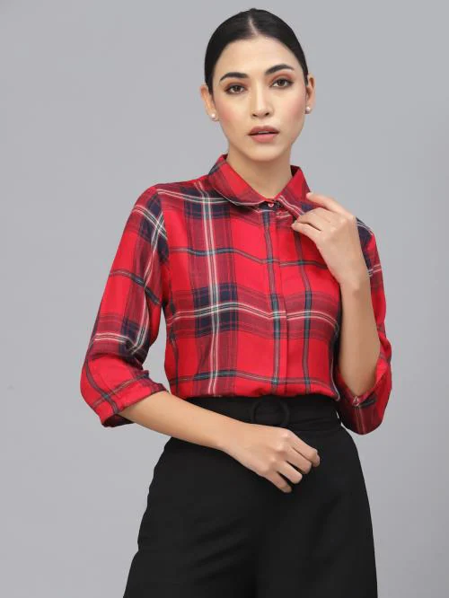 Style Quotient Women Red Smart Tartan Checks Checked Formal Shirt