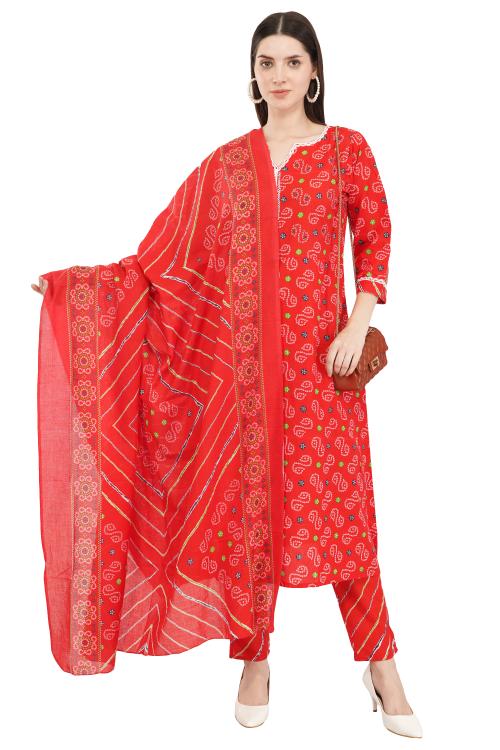 Pranjal Women Kurti with Pant and Dupatta Set Red
