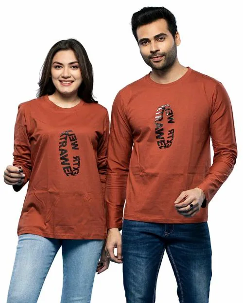 Lappen Fashion Couple's Printed T-Shirt I Cotton Round Neck Full Sleeve Tshirts I Slim Fit Tees I Trendy & Stylish Look I Pre Wedding T-Shirts I for Husband Wife - Pack of 1 (Brown Ring) S