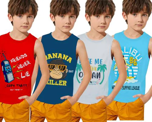 Mini Myn Boys Multicolor Cotton Blend Kids' Sandos Set of 4, Kids Cotton Blend MulticolorTank top