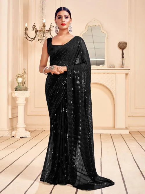 TIRA Women Fashion Georgette Party & Festive Black Color Saree saree / saree for women / sarees / sarees latest / sari