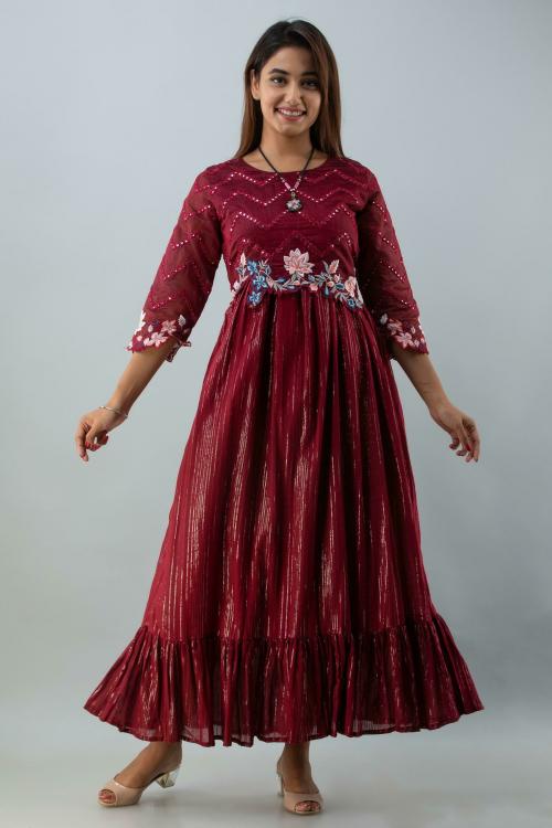 Fashion Dwar Women Maroon Embroidered Polyester Fit And Flare Dress (M)