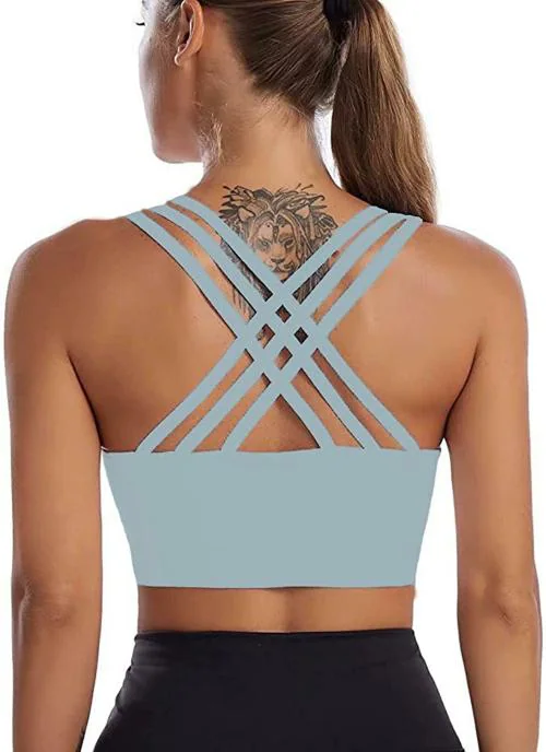 SHAPERX Sports Bras for Women Seamless Padded Strappy Tank Tops Yoga Crop Workout Tops Free Size (28 Till 34) (B, Sky Blue)