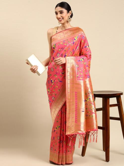 PANZORA Women Pink Floral Printed Silk Blend Regular Paithani Saree with Unstitched Blouse Piece
