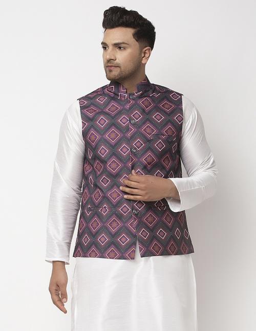 Benstoke Men's Charcoal Grey & Purple Cotton Blend Printed Nehru Jacket