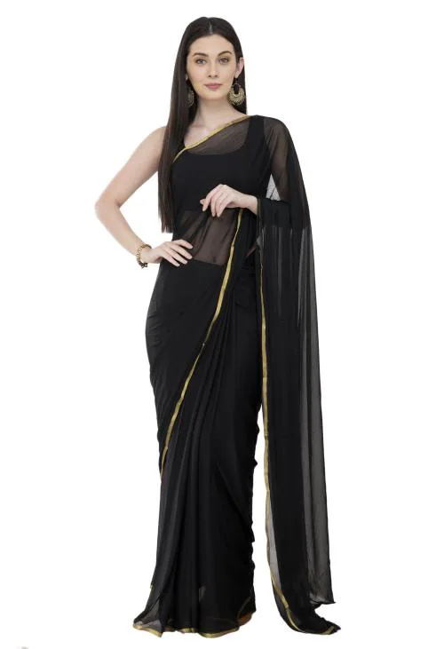 Bunny Creation Black Chiffon Solid/Plane Saree With Unstiched Blouse Piece