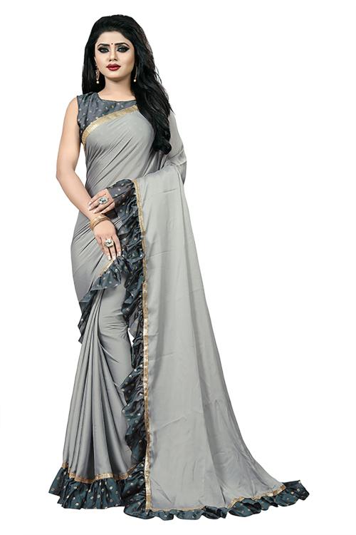 Aldwych Grey Designer Silk Ruffle Saree