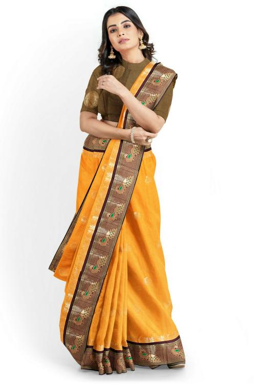 SWIFFIN Premium Collection Cotton Silk Paithani Yellow Saree For Women/Women Saree With Unstitched Blouse- BM-GOLD YELLOW-MAROON-GREEN