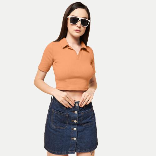 Rad Prix Women Orange Cropped Rib Polo T shirts