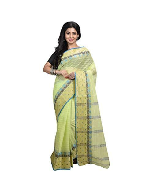 Raj Sarees Women's Traditional Bengali Speciality Stylish Handloom/Tant Saree | Pure Cotton Sarees | Self Designed Cotton Sari for ladies Without Blouse Piece(Lemon)
