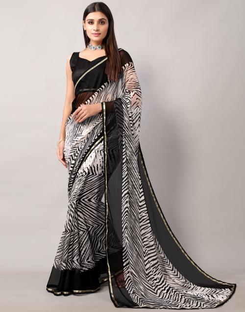 Siril Women Chiffon White & Black Lace & Printed Saree | sarees for Women| saree | sarees