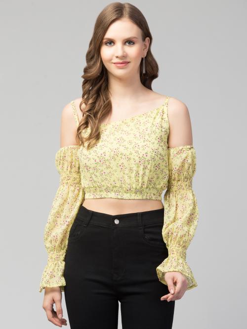 StylzIndia - Cold Shoulder Floral Crop Top - Yellow - M