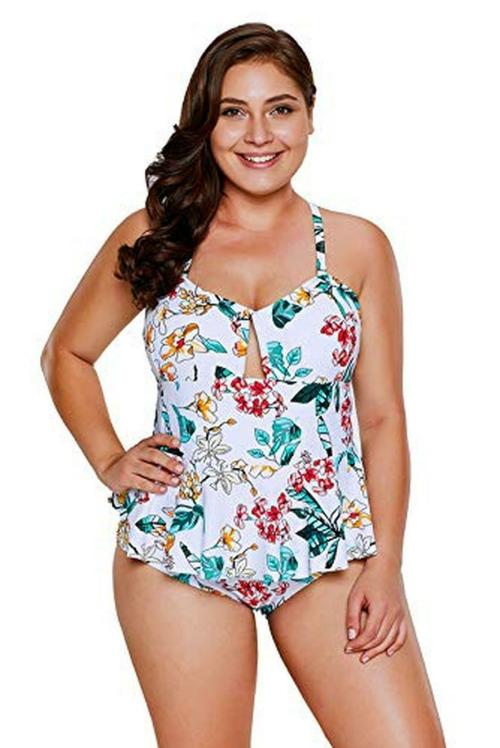 Plus Curvves Plus Size Tropical Floral Print Peplum One Piece Swimwear - 6XL Multicolour