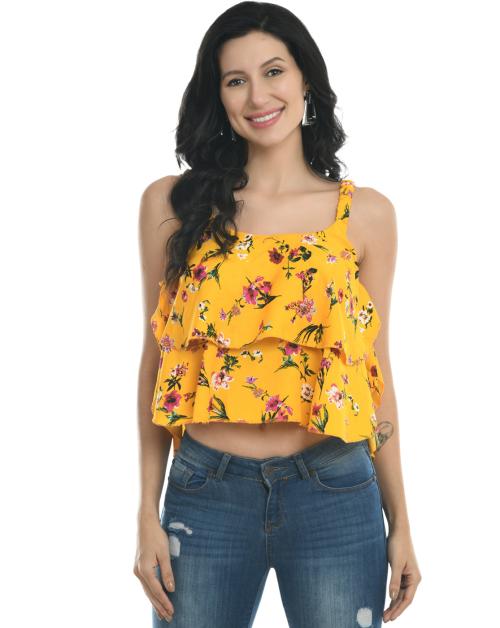 Fuoko Summer Fashion Yellow Colour Floral Printed Casual Cropped Top For Women-XL