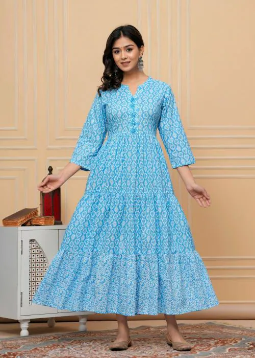 Avyco Women's Printed Pure Cotton Long Dress (Sky Blue-XL)