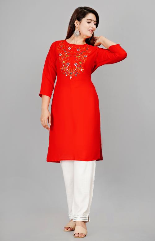 SIPET STYLISH BEAUTIFUL MULTICOLOR EMBROIDERED STRAIGHT KURTA AND PANT SET FOR WOMEN AND GIRLS| 3/4TH SLEEVES STRAIGHT HEM CASUAL WEAR AND PARTYWEAR RED KURTA SET IN RAYON FABRIC