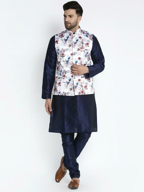 Benstoke Men's Silk Blend Navy Blue Kurta With Pyjama & White Printed Nehru Jacket