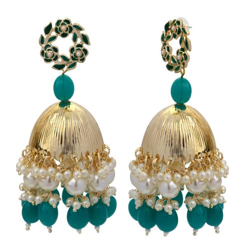 Mahi Beautifully Dark Green Enamelled Pearl Drop Ethnic Floral Jhumka Earring for Women (ER1109819GDGre)