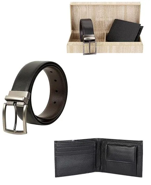 Zevora Men Reversible Belt & Black Wallet Combo With Wooden Gift Box