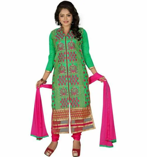 JHEENU Shree Vardhman Women Green Embroidered Chanderi Salwar Suit Material
