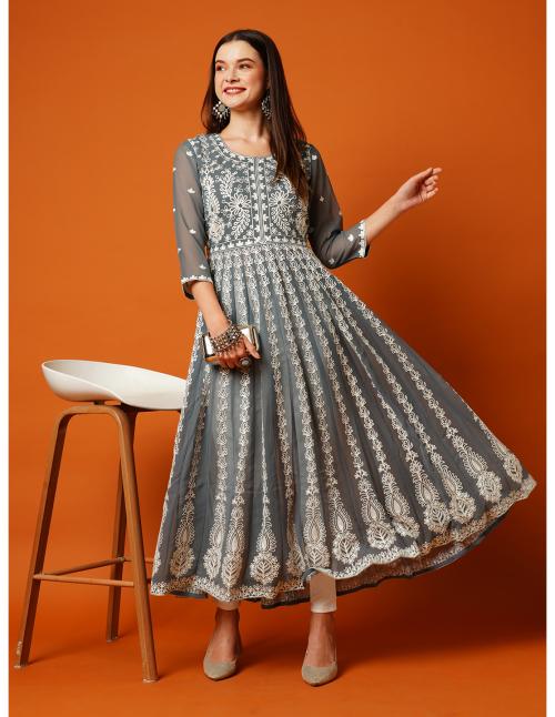 Anni Designer Women's Grey Anarkali Floral Embroidered Chikankari Kurti