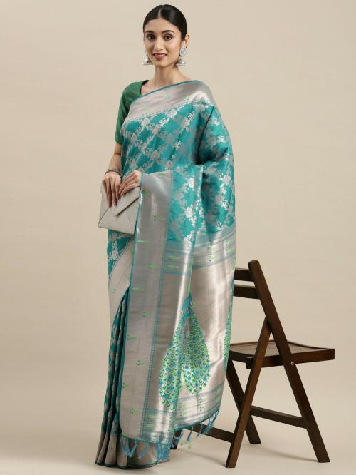 Leelipeeri Designer Women Blue Silk Blend Paithani Saree