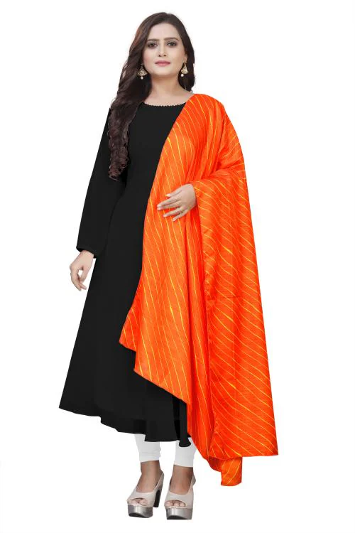 HARRICA Fashion Women's Black Gown Anarkali Long Dress Gown with Dupatta Kurta - Orange Dupatta