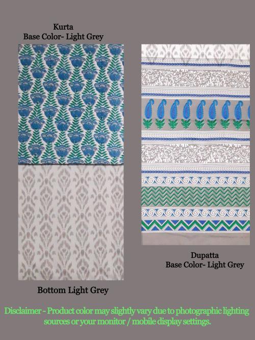 Kalagram Womens Pure Cotton Jaipuri Block Print Unstitched Dress Material Light Grey, Blue