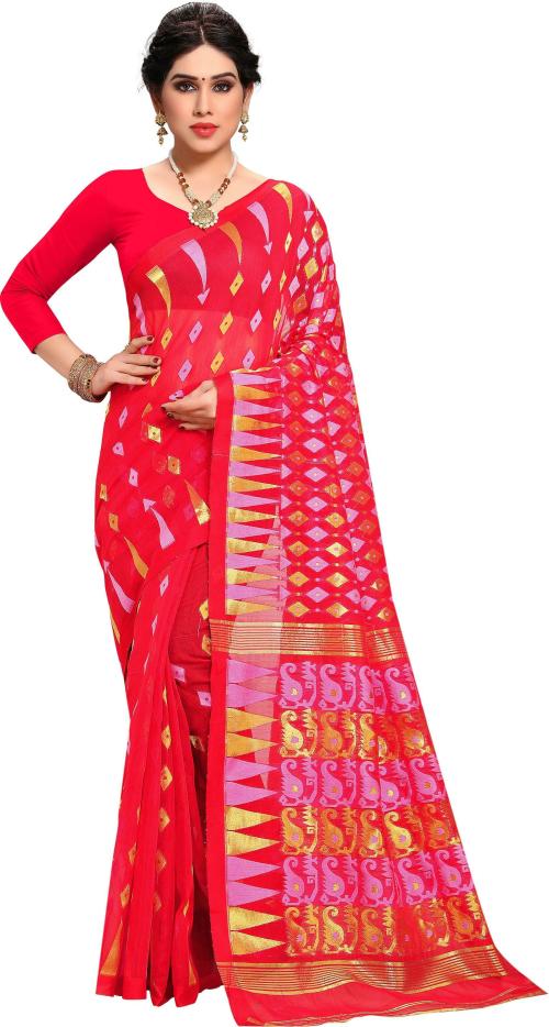 Women Red, Pink Woven Design Cotton Silk Jamdani Saree (Free Size)