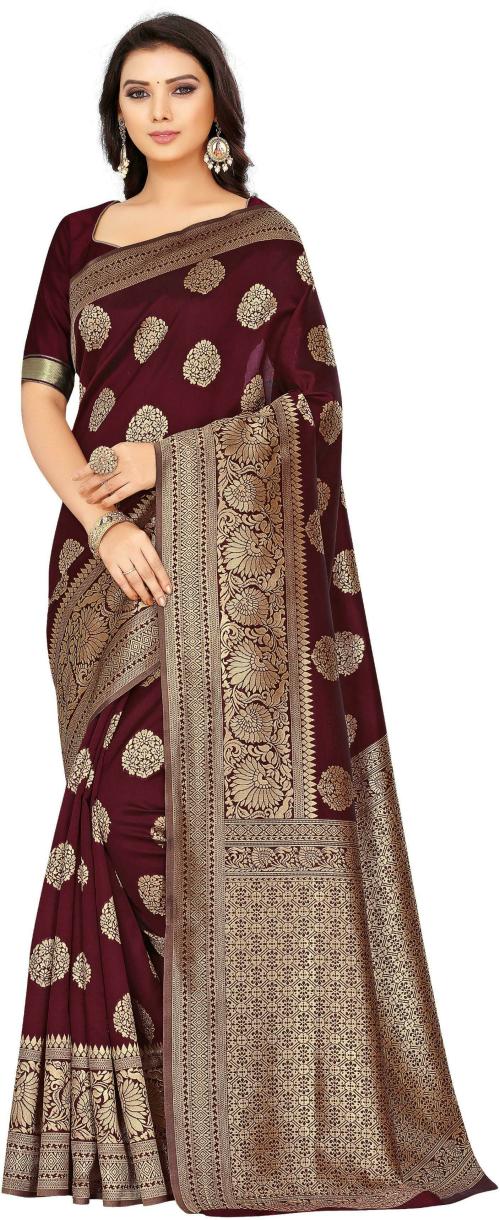 Sainoor Women Free Size Maroon Woven Design Art Silk Banarasi Saree