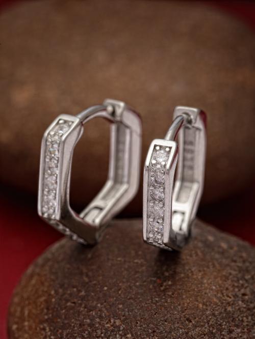 Pissara by Sukkhi Sparking 925 Sterling Silver Pentagon Shaped Cubic Zirconia Hoop Earrings For Women & Girls|with Authenticity Certificate, 925 Stamp & 6 Months Warranty