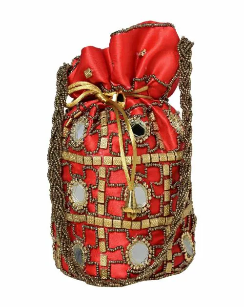 SWASTIKA Industries 3-Layer Silk Traditional Mirror Work Clutch Potli Batwa Pouch Bag for Women/Girls