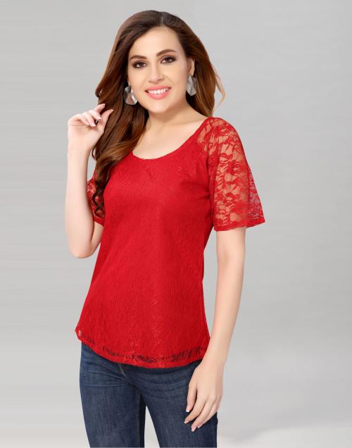 Selvia Women Red Self Design Net Top | tops for women | tops | women tops