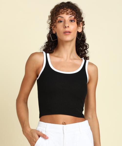 SAFFE Women's Cotton Blend Solid Vest Top With White Stripe (Black)