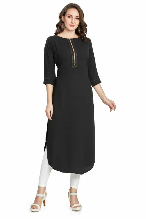 nioni Women’ s Straight Kurta with Embroidery, Stylish Side Cut Kurti for Girls, 3/4 Sleeves (Black, XXL)