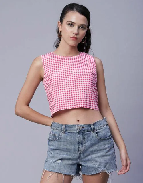 Moomaya Women's Printed Sleeveless Cotton Short Top, Round Neck Blouse Crop Top, Buttoned Back