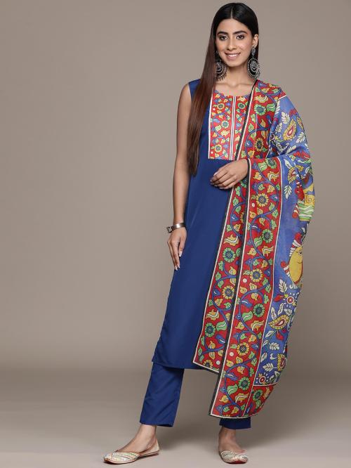 Ziyaa Women's Blue Crepe Straight Kurta, Pant And Dupatta Set