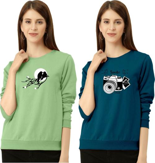 ZentWorld Women Pista, Indigo Printed Cotton Blend pack of 2 Round Neck T-Shirts (L)